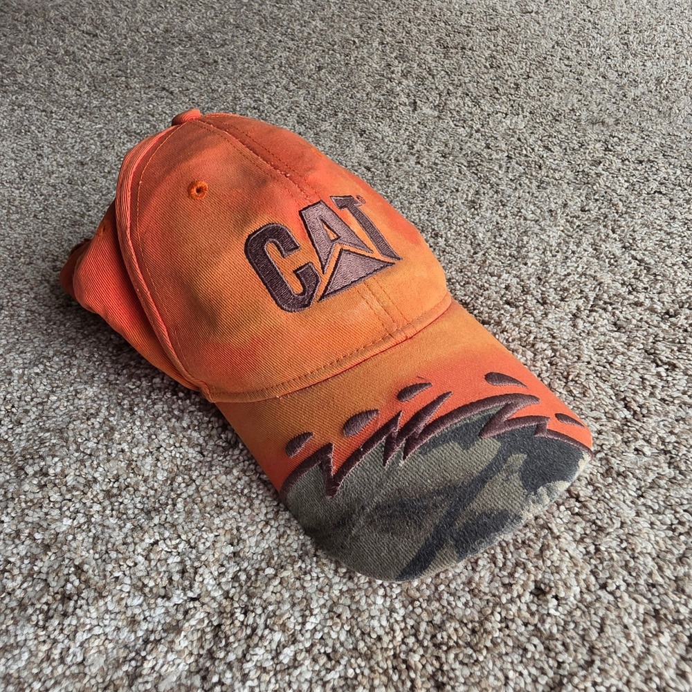 VINTAGE CAT Caterpillar Hat Mens OSFA Orange Camo Workwear Distressed Workwear
